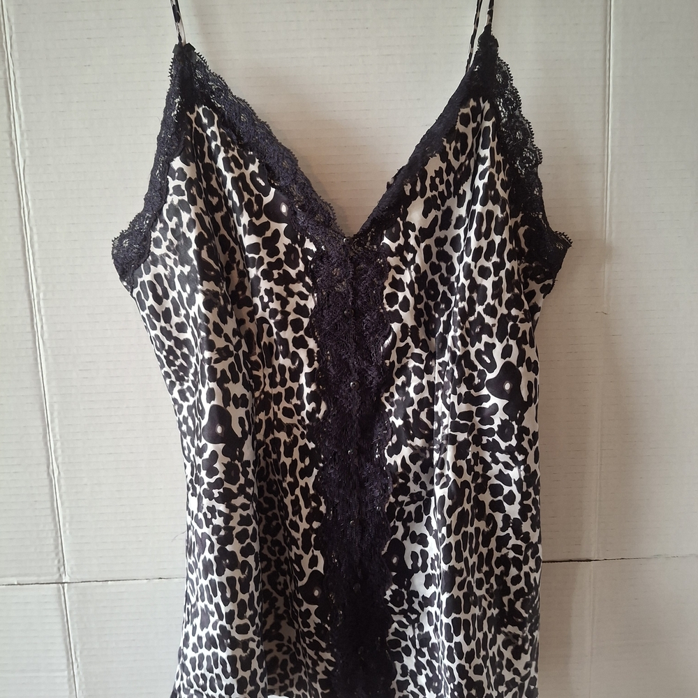 Satin Leopard Print Lace Trim Pajama 2 pc Set size M